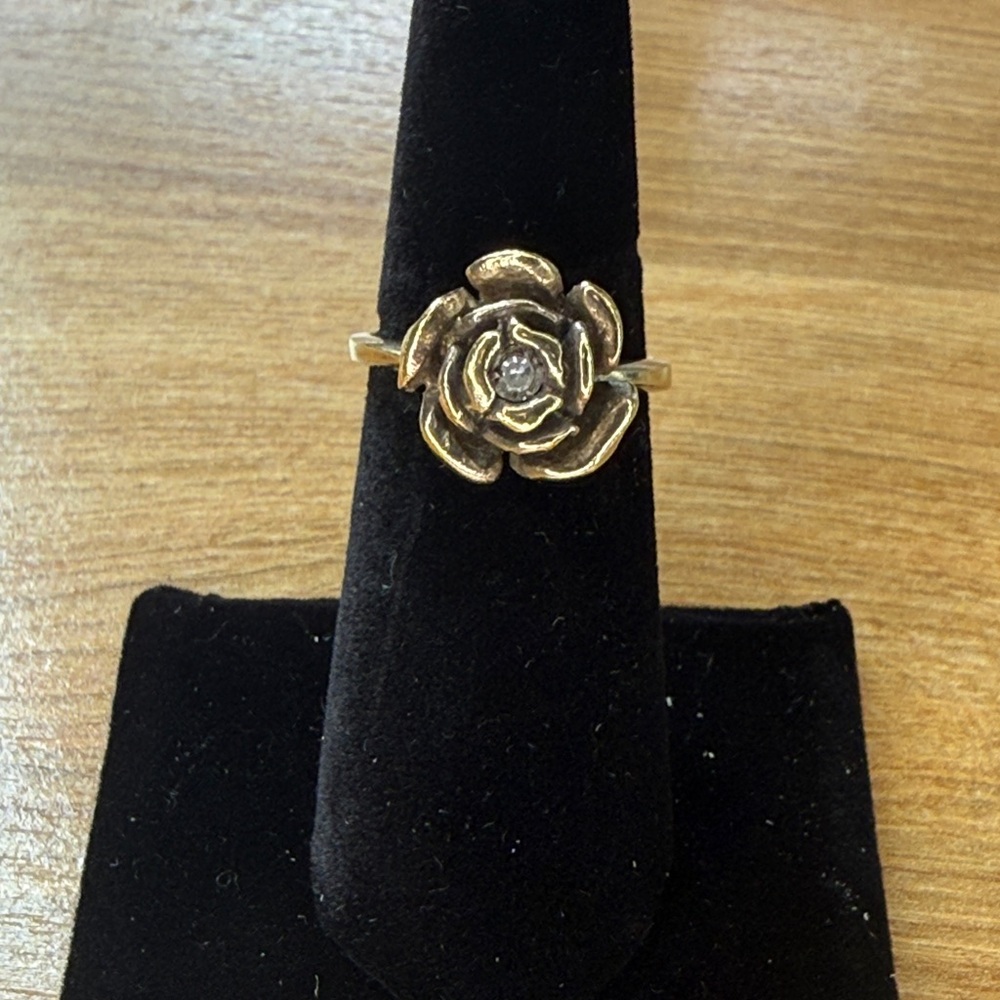 Avon Sterling Gold Tone Sculptured Rose Flower Rhinestone Ring 6.5 1980s